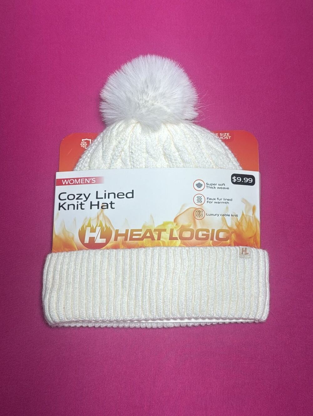 Heat Logic Women’s Thermal Knit Hat White Double Layer Rib Knit Warm Beanie